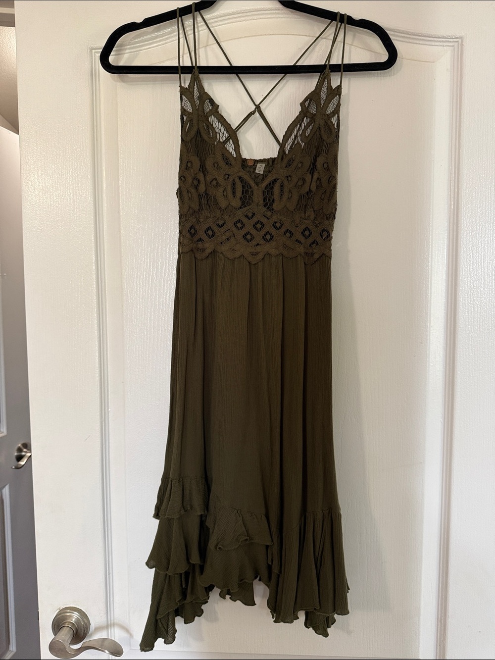 FREE PEOPLE Boho Crochet Bodice Olive Green Spaghetti Strap Dress